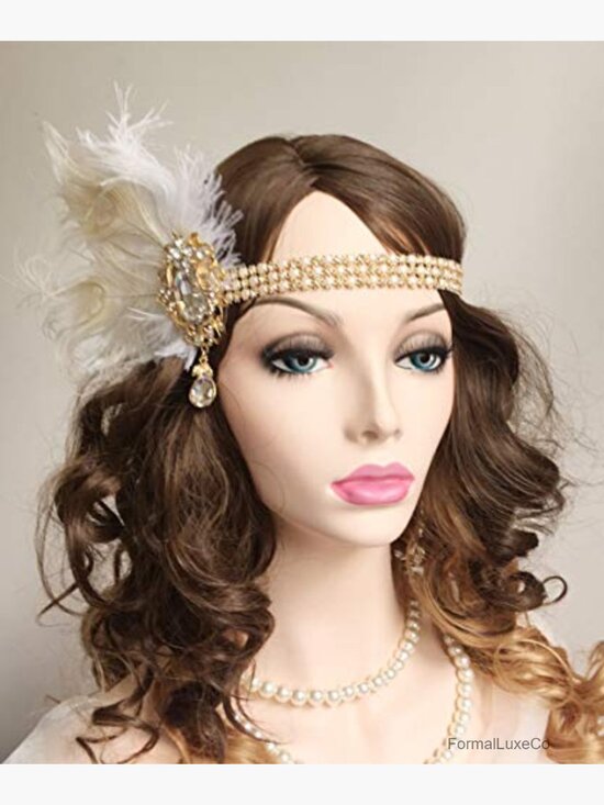 1920s Flapper Feather Headband Crystal Pearl Chain Wedding Prom Hair Jewelry